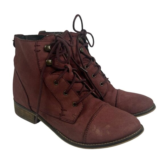 Steve Madden Robin Boots Size 8 Leather Burgundy Red Lace Up Ankle Bootie Troopa - Picture 2 of 11